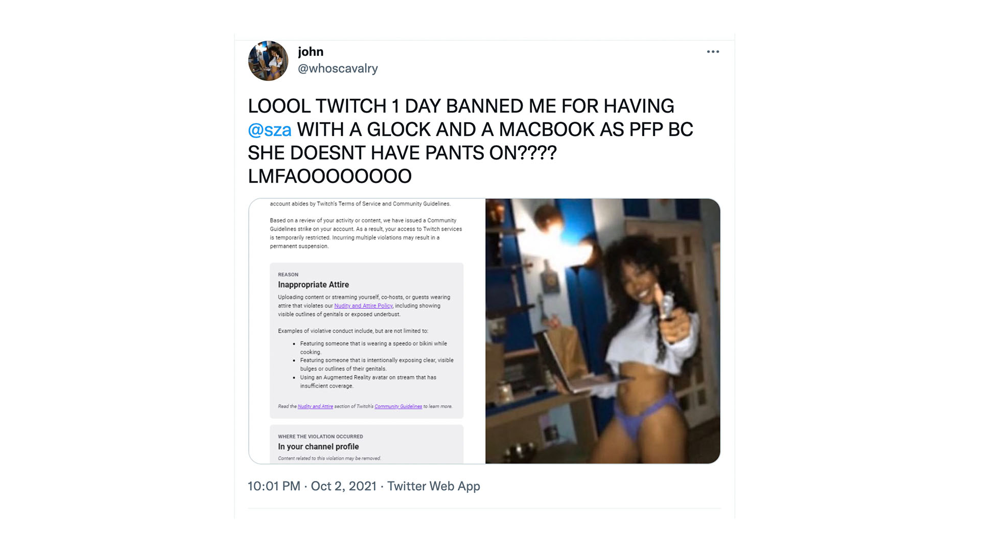 Cavalry twitch streamer banned