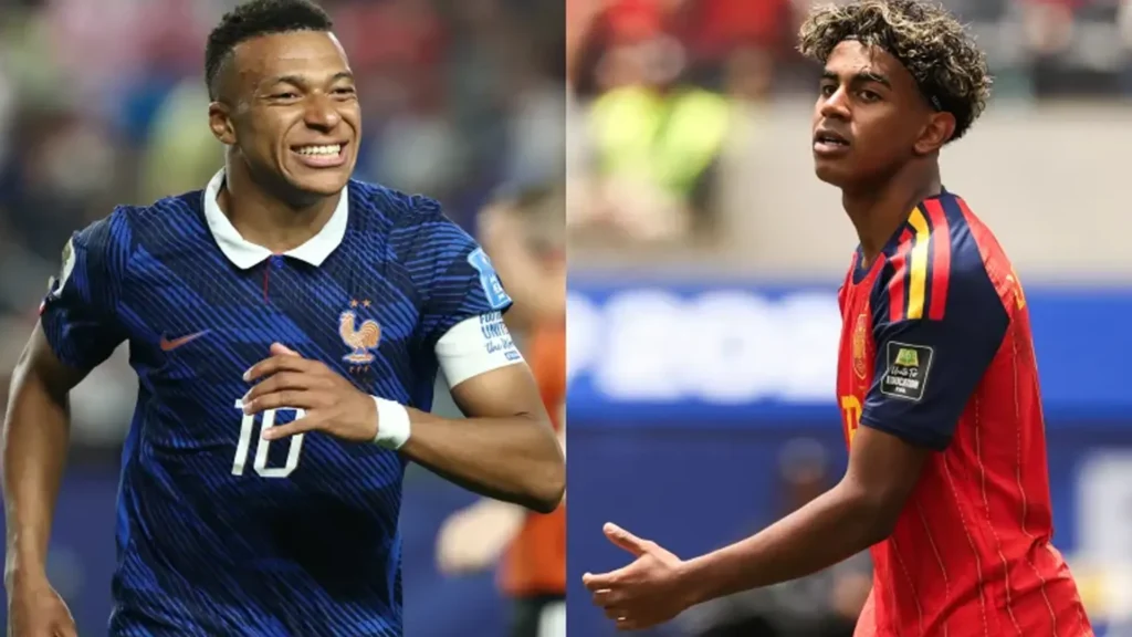 France's Kylian Mbappe, left, and Spain's Lamine Yamal in the first World Cup 2026 semifinal [Franck Fife and Etienne Laurent/AFP]