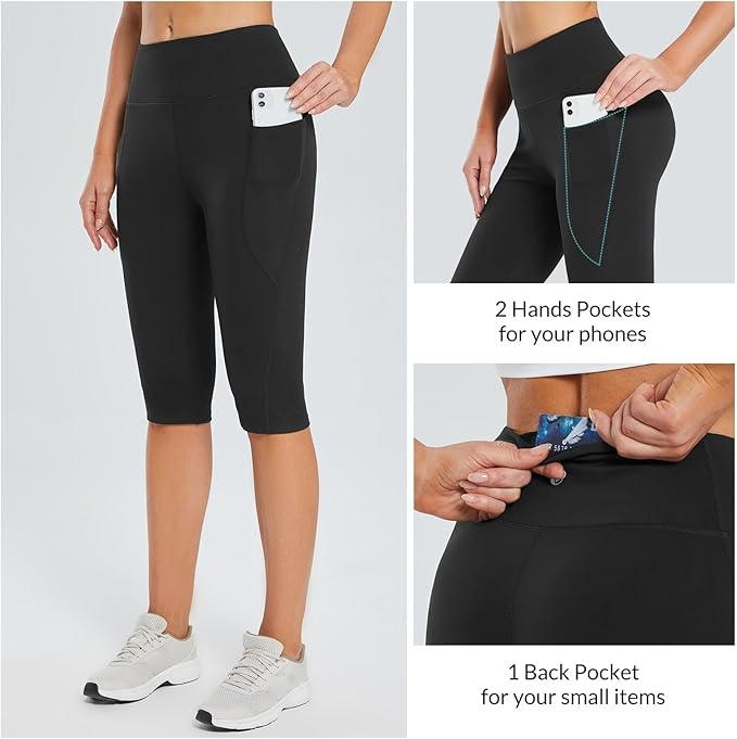 Capri Leggings with Pockets High Waisted Knee Length Capris Stretch for Casual Yoga Pants