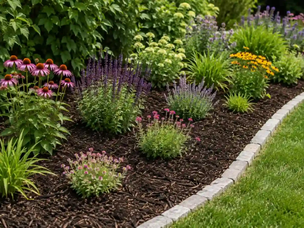 Freshly planted perennial border covered in dark shredded bark mulch
