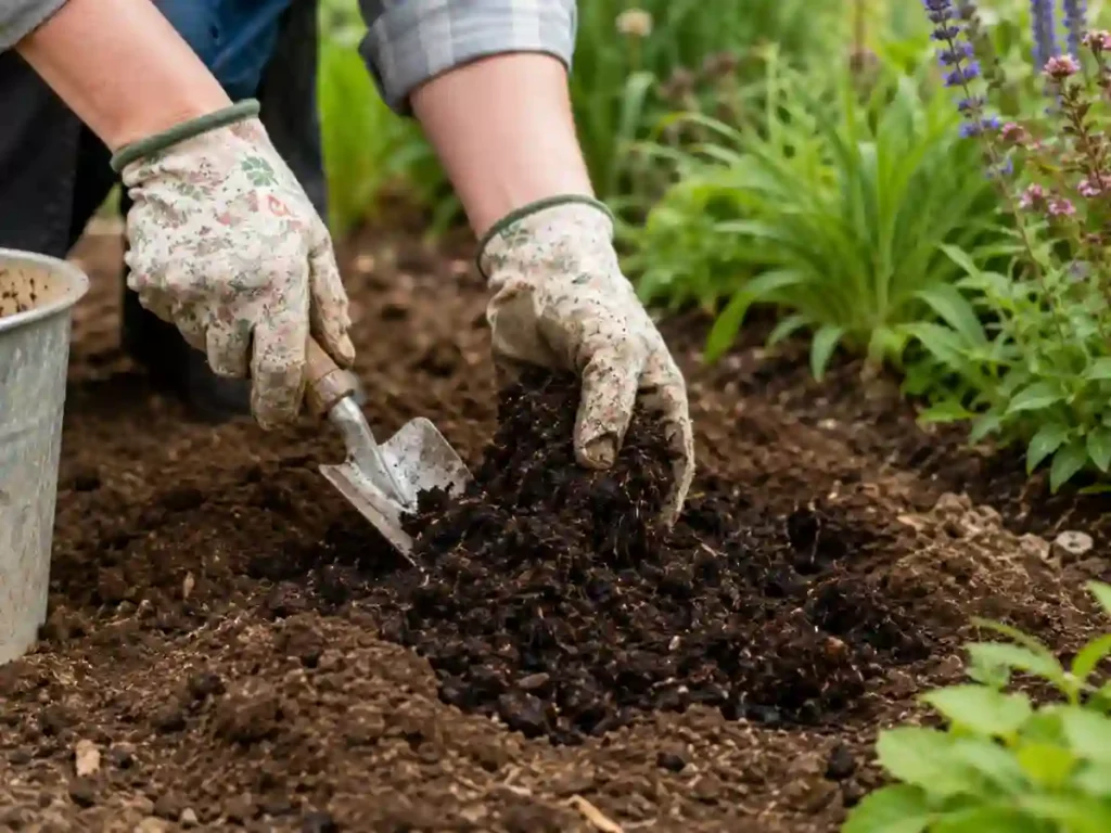 Close-up photograph of gardener's hands in gloves mixing dark compost