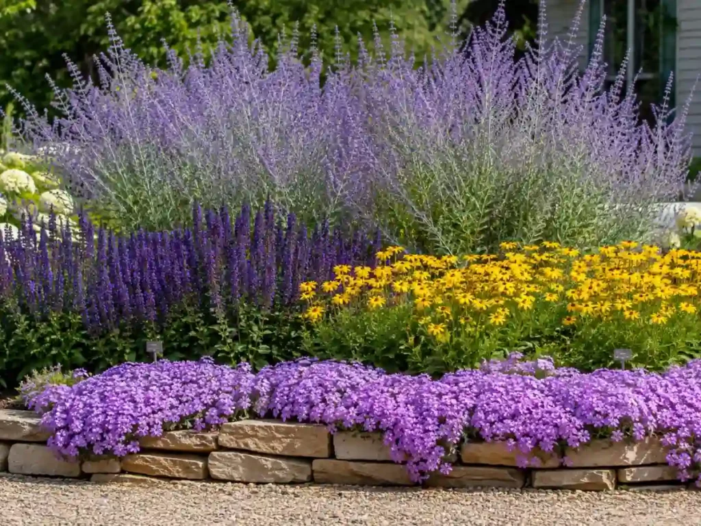 Tall purple Russian sage, medium salvia and coreopsis border garden guide