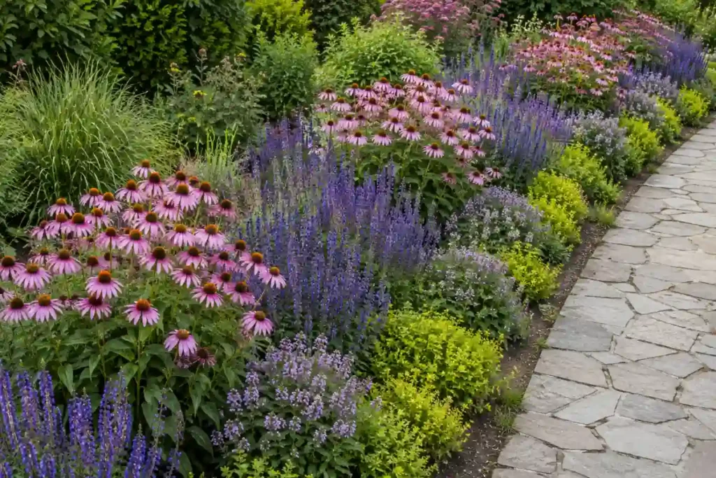 Elevated view of a perennial flower border showing repeated clusters of purple coneflowers