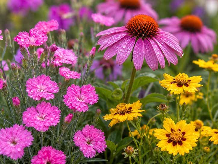 pink purple yellow dewy border garden